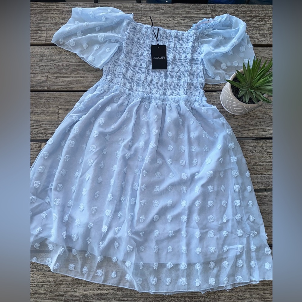 Women’s Square Neck, Puff Sleeve Mini Chiffon Swiss Dot Smocked Dress, Sz LG